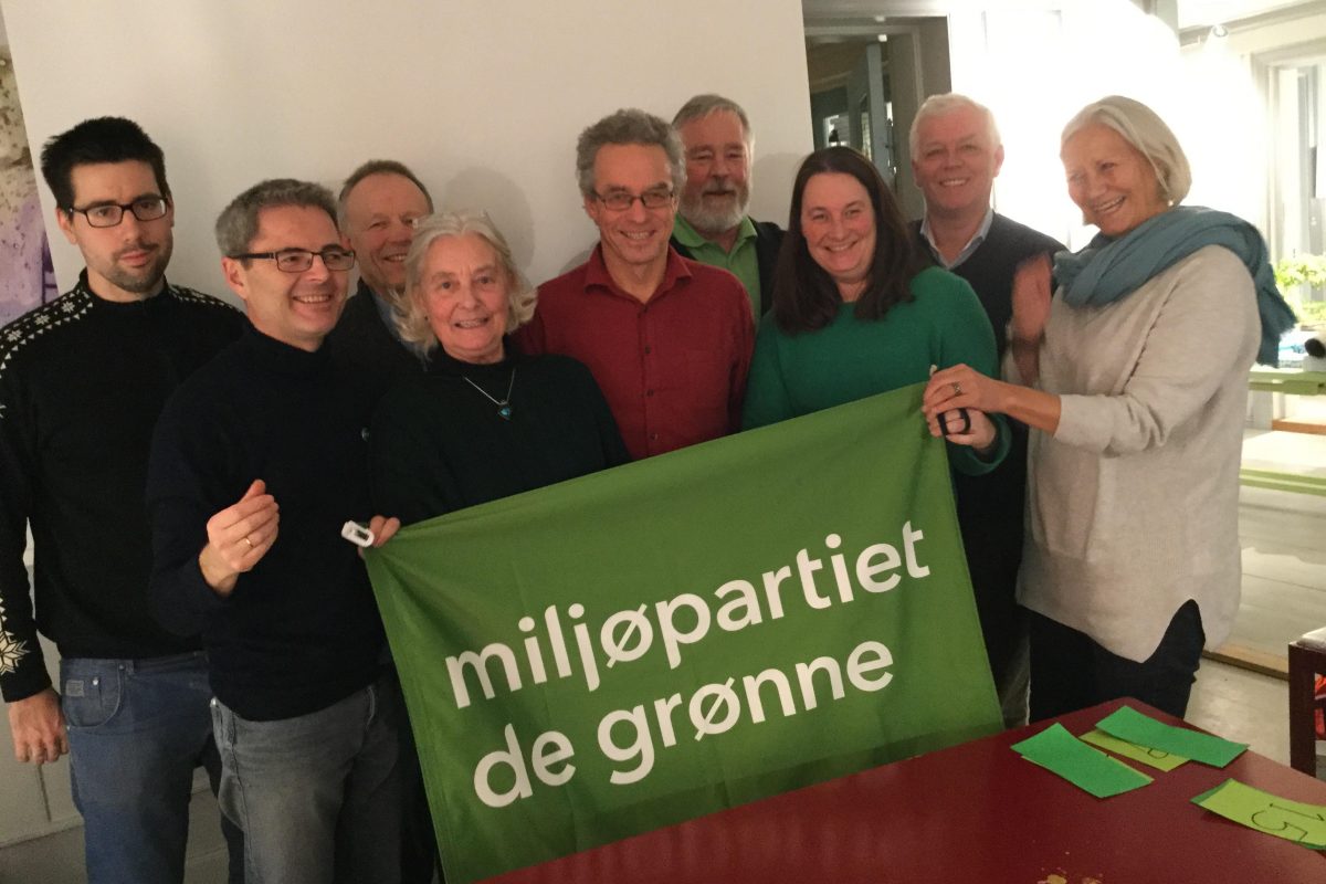 menn og damer holder miljøpartiet de grønne flagg